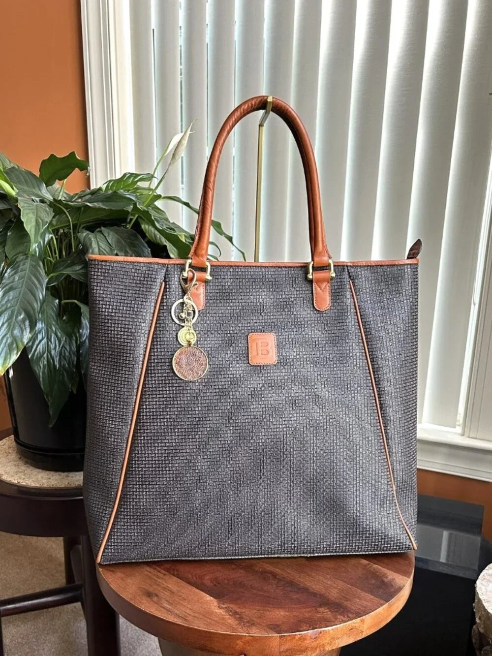 BALLY Embossed B Canvas and Leather Tote, Navy, British Tan